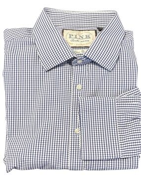 Thomas Pink Navy/White Check Cotton Classic Fit Button Up Shirt (18-35.5)
